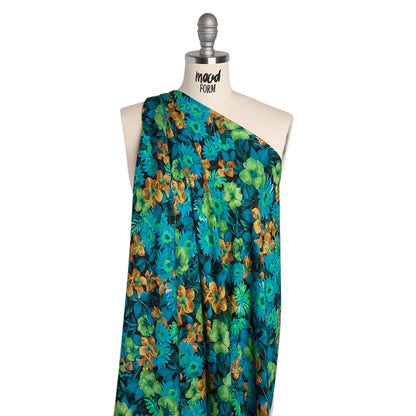 Rayon Challis - Blue, Green and Gold Painted Flowers - Mood Exclusive Watercolor Wonderland Print