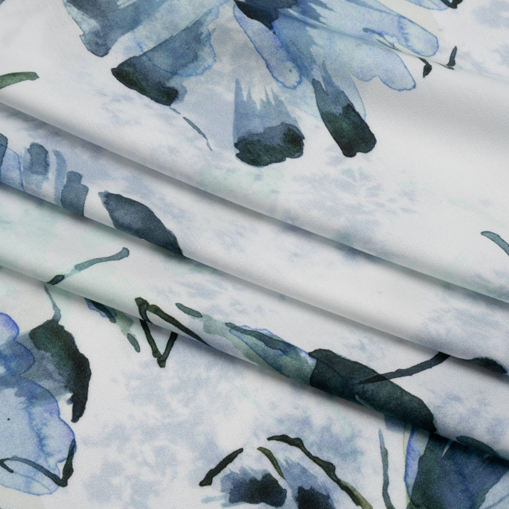 Rayon Challis - Dark Blue and Hunter Green Watercolor Leaves - Mood Exclusive Whispering Waterfall Print - Folded