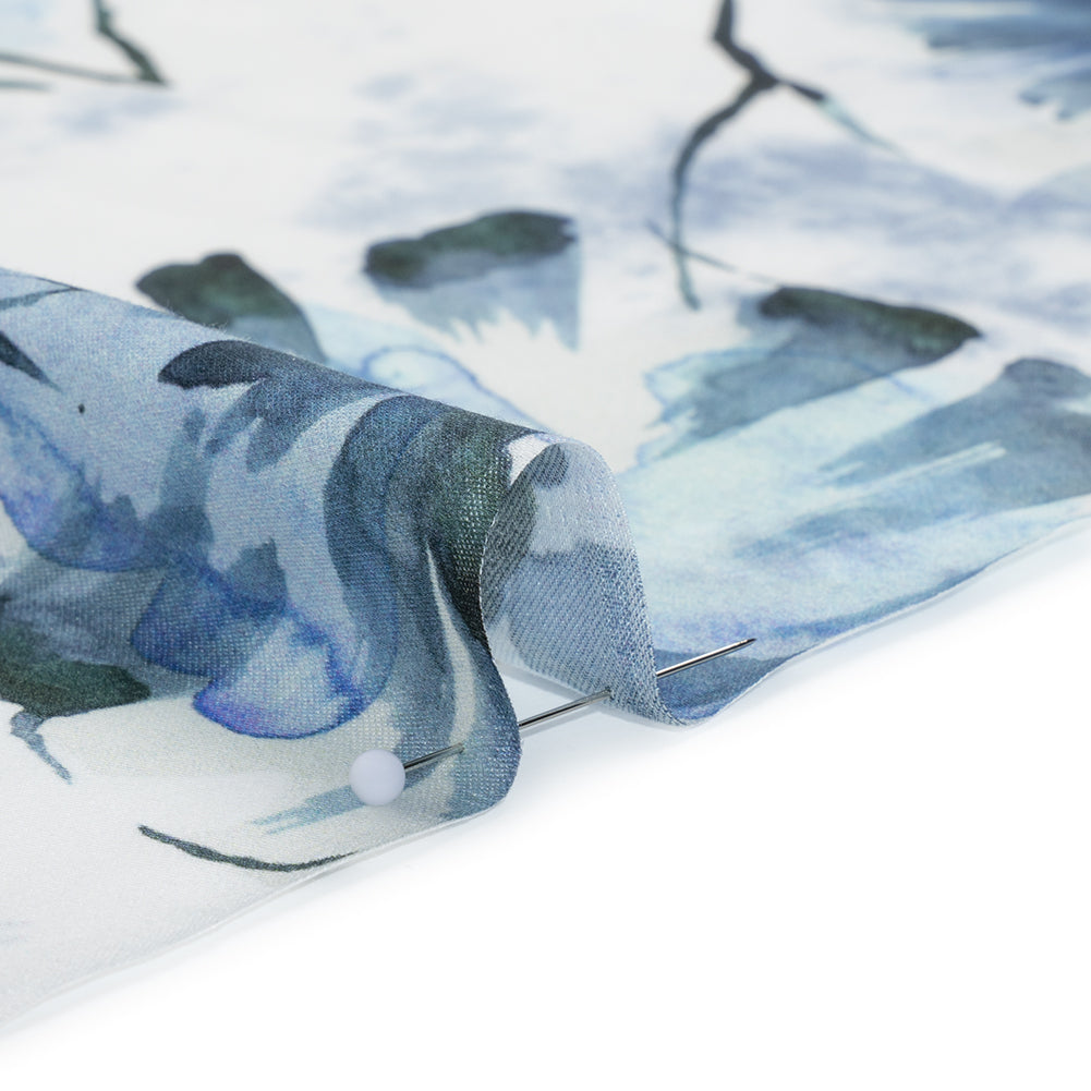 Rayon Challis - Dark Blue and Hunter Green Watercolor Leaves - Mood Exclusive Whispering Waterfall Print - Detail