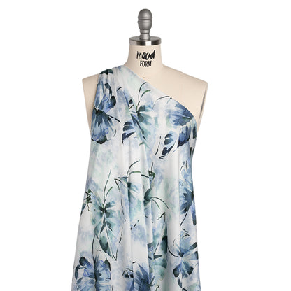 Rayon Challis - Dark Blue and Hunter Green Watercolor Leaves - Mood Exclusive Whispering Waterfall Print