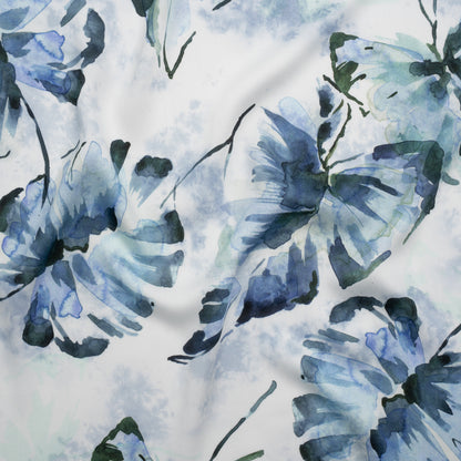 Rayon Challis - Dark Blue and Hunter Green Watercolor Leaves - Mood Exclusive Whispering Waterfall Print