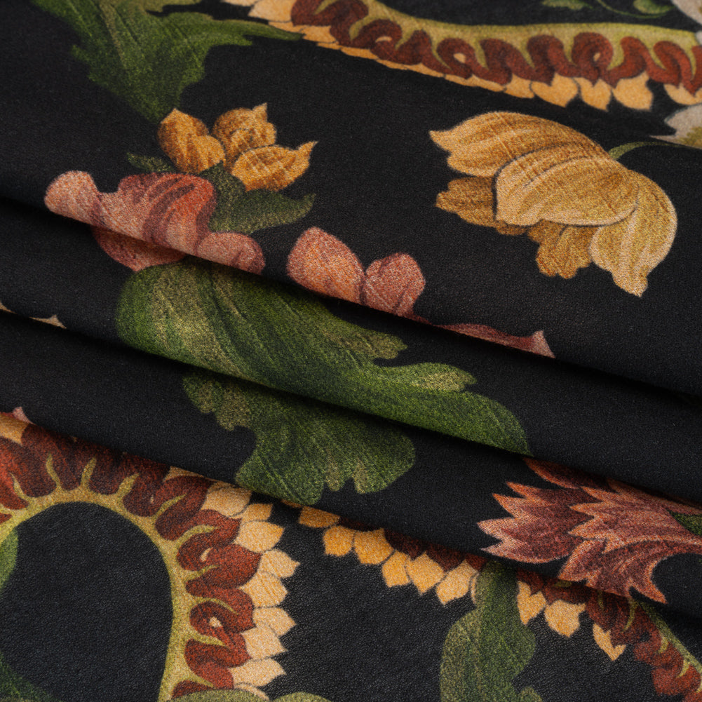 Cotton Crepe - Black, Dark Red and Golden Ochre Moody Florals - Mood Exclusive Rose Renaissance Print