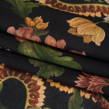 Cotton Crepe - Black, Dark Red and Golden Ochre Moody Florals - Mood Exclusive Rose Renaissance Print