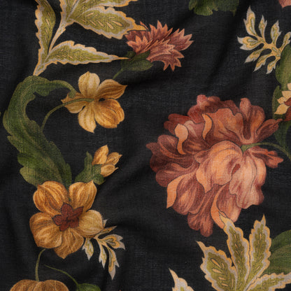 Cotton Crepe - Black, Dark Red and Golden Ochre Moody Florals - Mood Exclusive Rose Renaissance Print