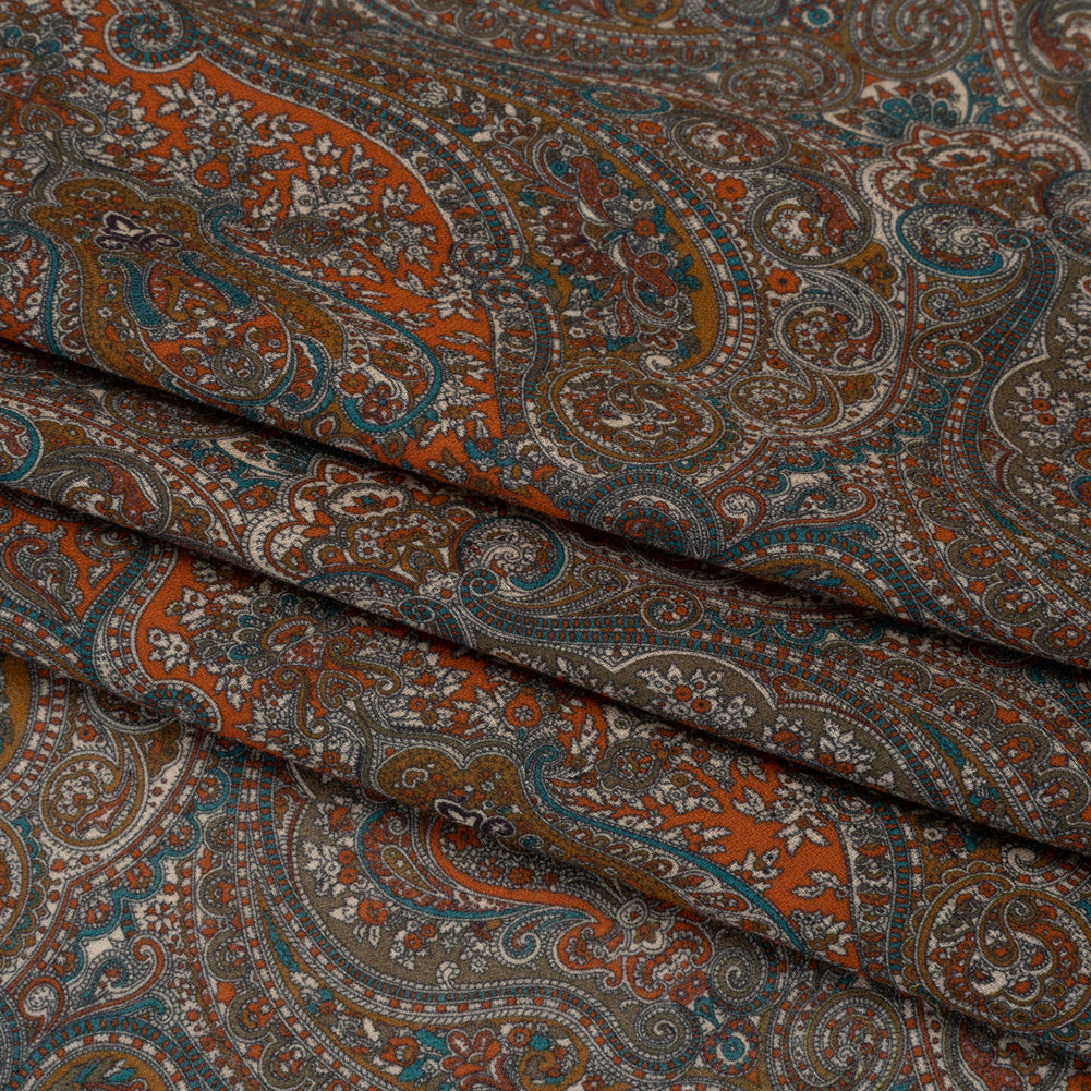 Cotton Crepe - Dark Orange, Blue and Brown Paisley - Mood Exclusive Filigree Flow Print - Folded