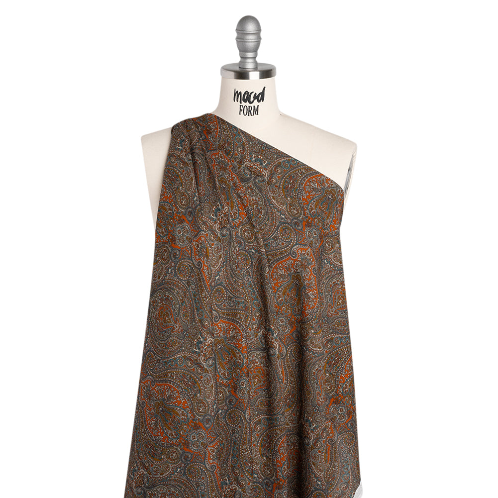 Cotton Crepe - Dark Orange, Blue and Brown Paisley - Mood Exclusive Filigree Flow Print - Drape