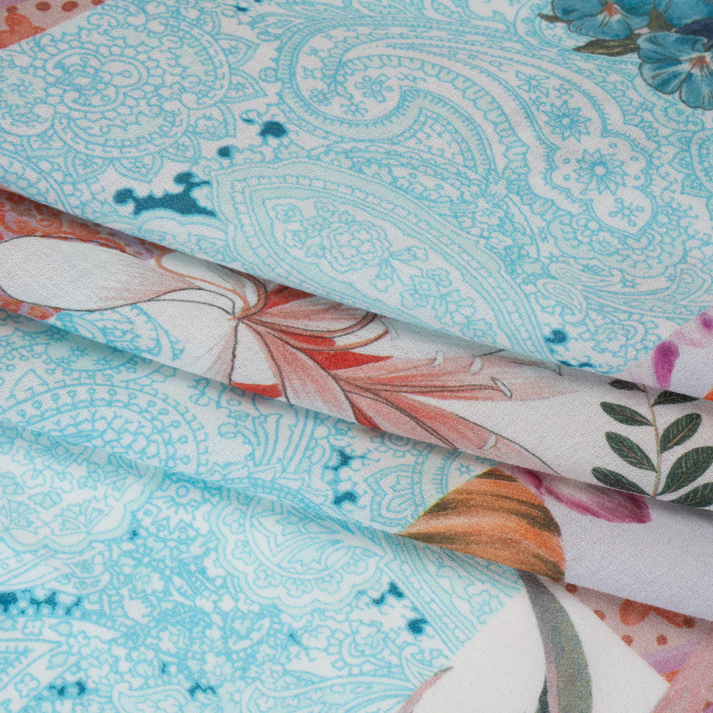Cotton Crepe - Coral, Purple and Turquoise Floral and Paisley Patchwork - Mood Exclusive Tropical Tapestry Print - Folded