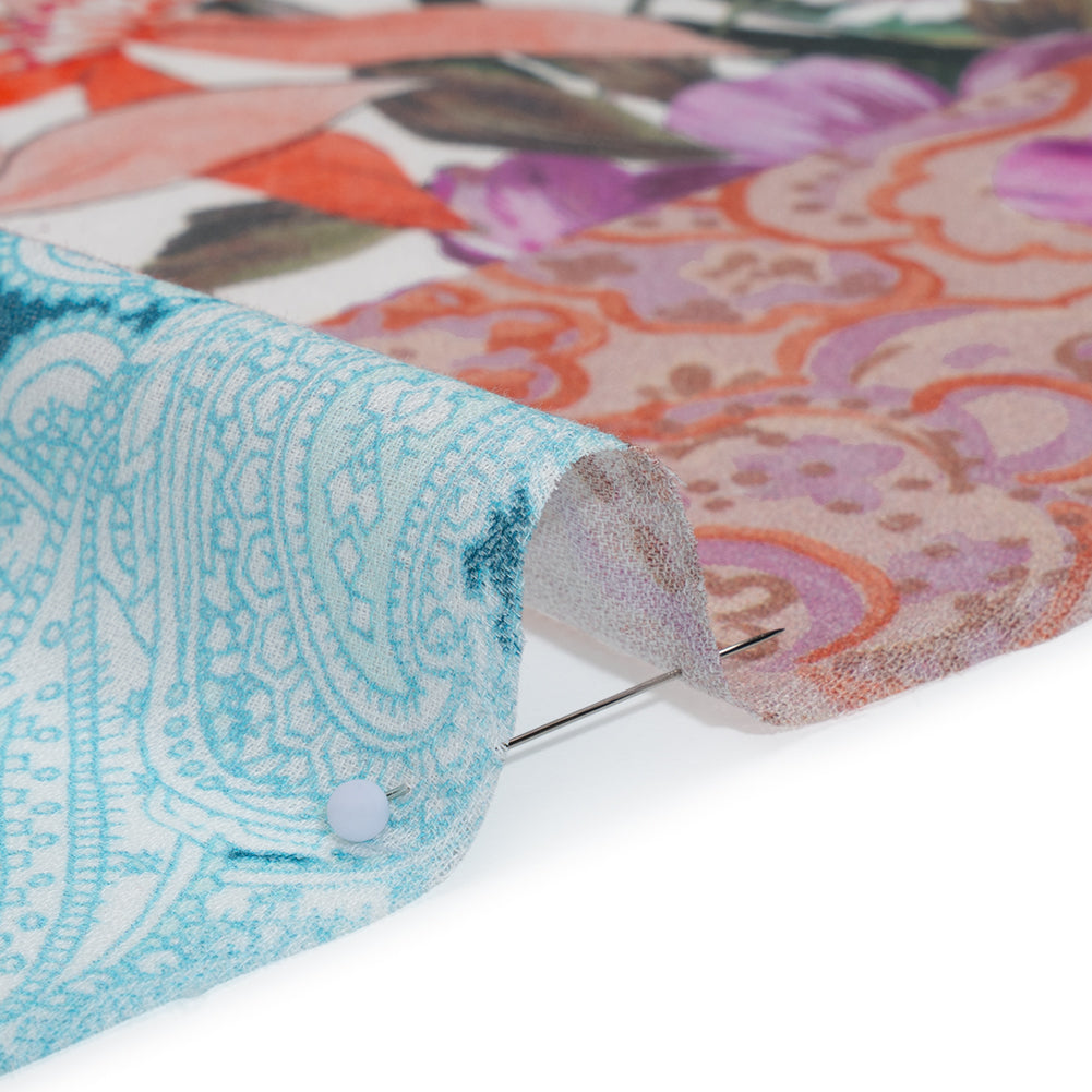 Cotton Crepe - Coral, Purple and Turquoise Floral and Paisley Patchwork - Mood Exclusive Tropical Tapestry Print - Detail