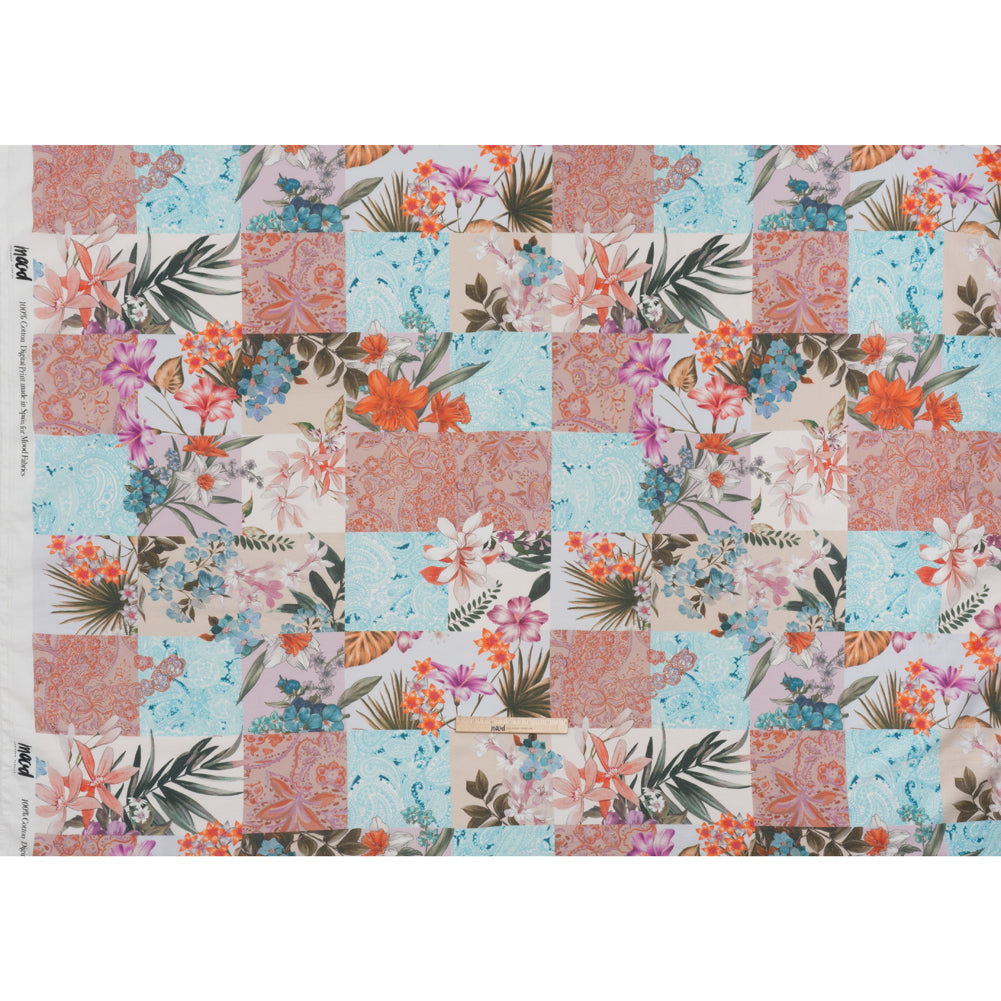 Cotton Crepe - Coral, Purple and Turquoise Floral and Paisley Patchwork - Mood Exclusive Tropical Tapestry Print - Full