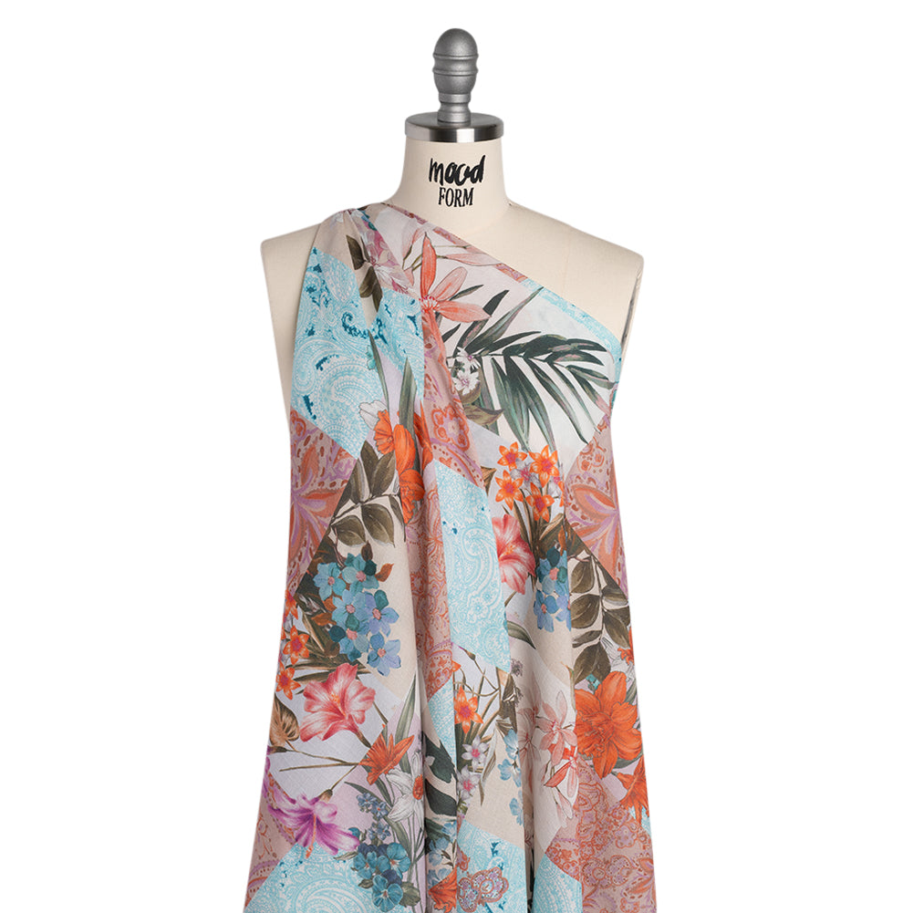 Cotton Crepe - Coral, Purple and Turquoise Floral and Paisley Patchwork - Mood Exclusive Tropical Tapestry Print - Drape