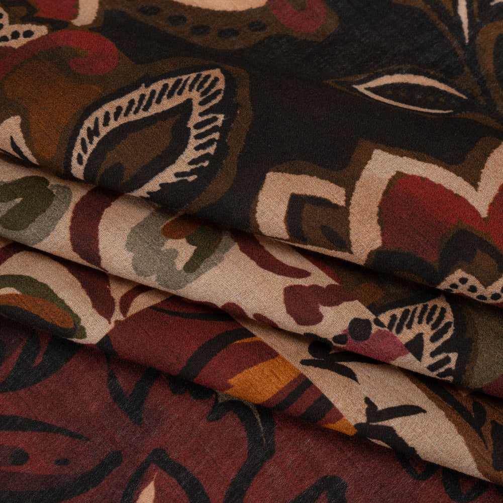 Cotton Crepe - Burgundy, Burnt Orange and Beige Floral Patchwork - Mood Exclusive Bordeaux Blossoms Print - Folded