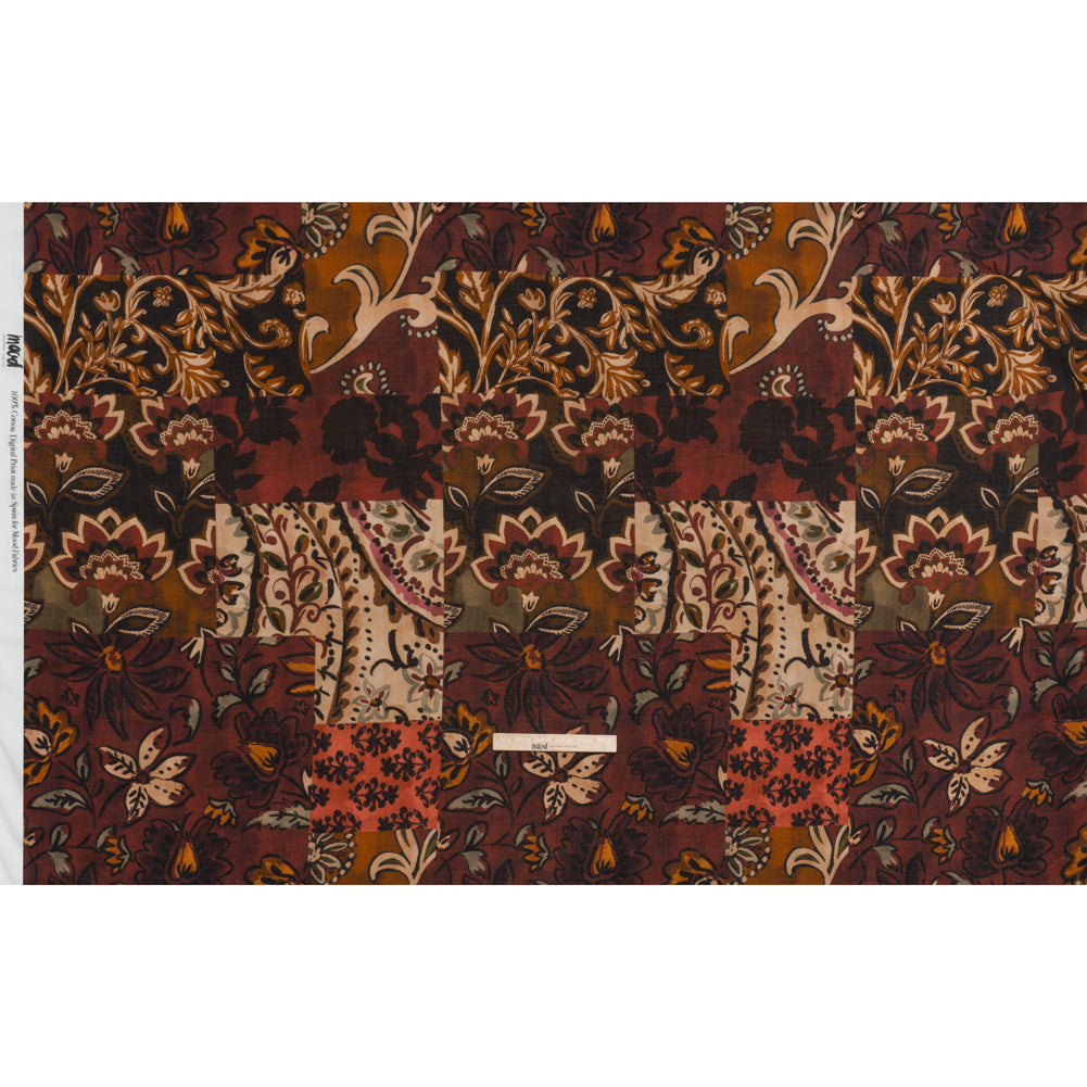 Cotton Crepe - Burgundy, Burnt Orange and Beige Floral Patchwork - Mood Exclusive Bordeaux Blossoms Print - Full