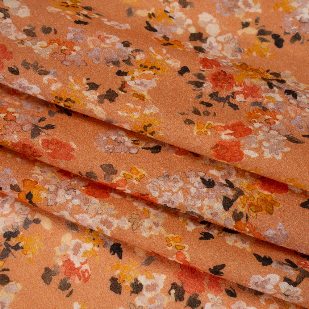 Cotton Crepe - Peach, Red and Golden Yellow Spotty Florals - Mood Exclusive Dancing Drifts Print - Folded