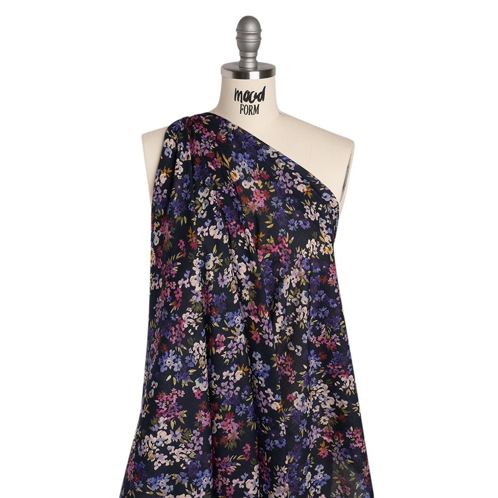 Cotton Crepe - Navy, Magenta and Indigo Little Watercolor Flowers - Mood Exclusive Sonnet for Summer Print Folded