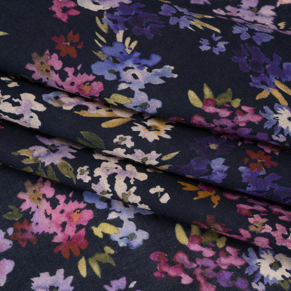 Cotton Crepe - Navy, Magenta and Indigo Little Watercolor Flowers - Mood Exclusive Sonnet for Summer Print Detail