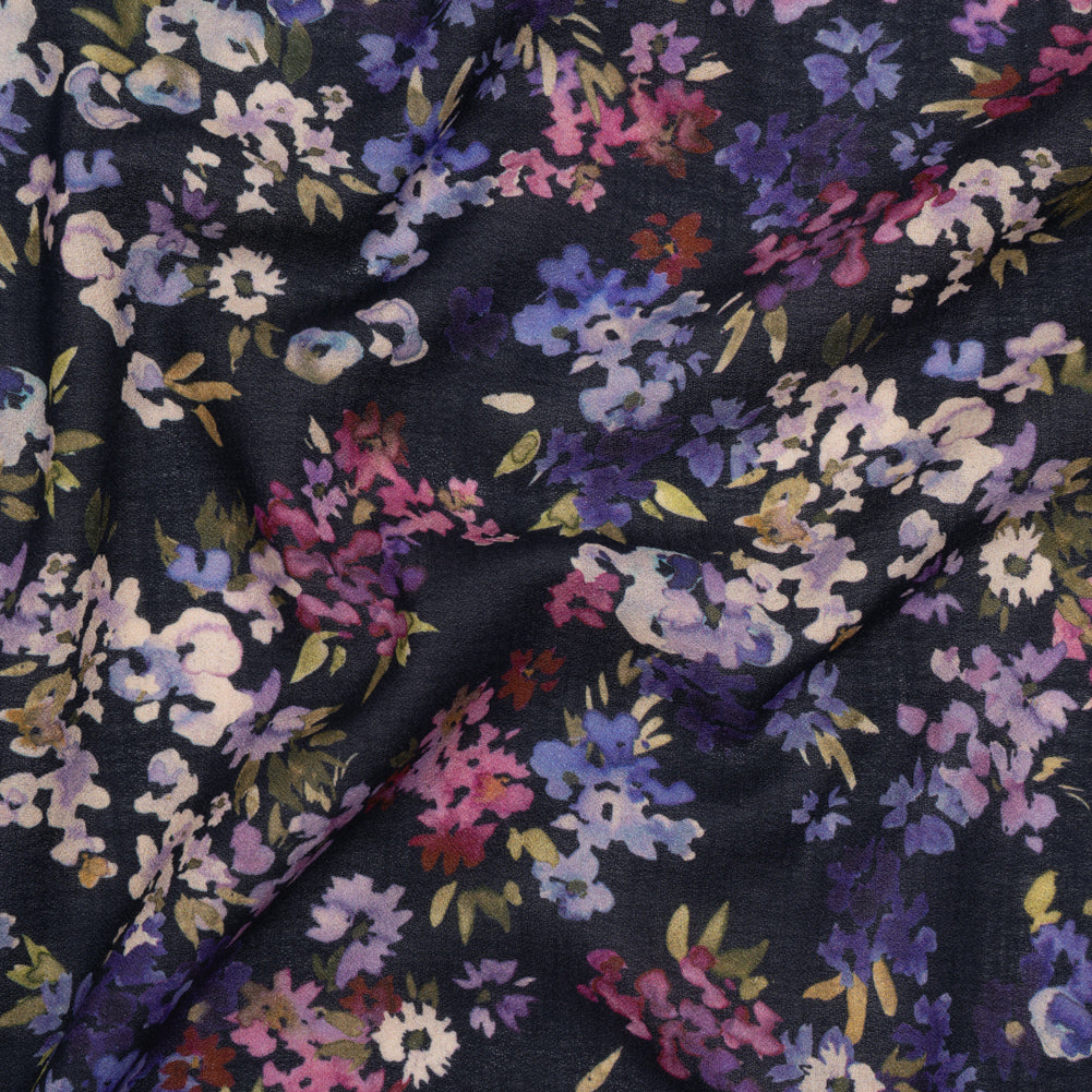 Cotton Crepe - Navy, Magenta and Indigo Little Watercolor Flowers - Mood Exclusive Sonnet for Summer Print Drape