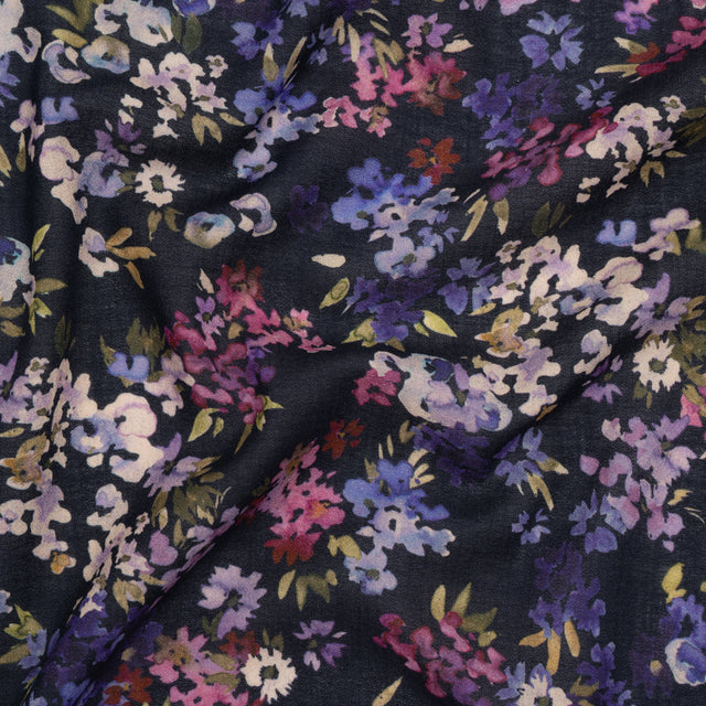 Cotton Crepe - Navy, Magenta and Indigo Little Watercolor Flowers - Mood Exclusive Sonnet for Summer Print Drape