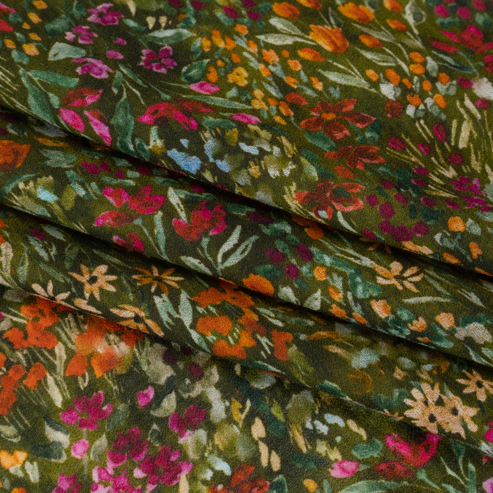 Cotton Crepe - Green, Orange and Berry Purple Floral - Mood Exclusive Mossy Meadow Print - Folded