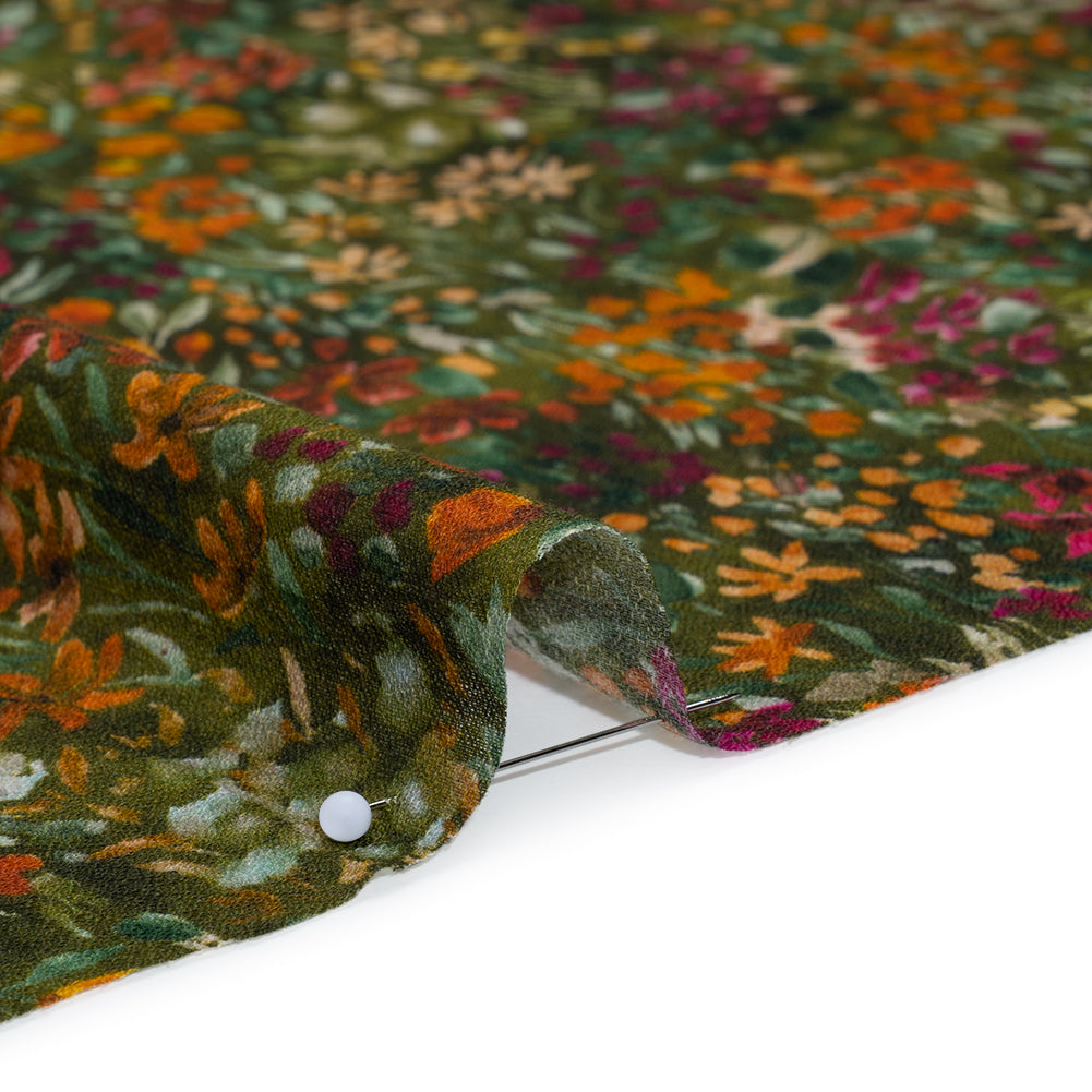 Cotton Crepe - Green, Orange and Berry Purple Floral - Mood Exclusive Mossy Meadow Print - Detail