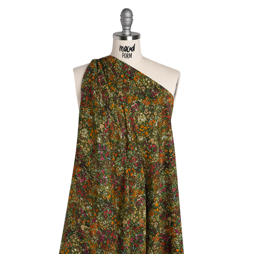 Cotton Crepe - Green, Orange and Berry Purple Floral - Mood Exclusive Mossy Meadow Print - Drape