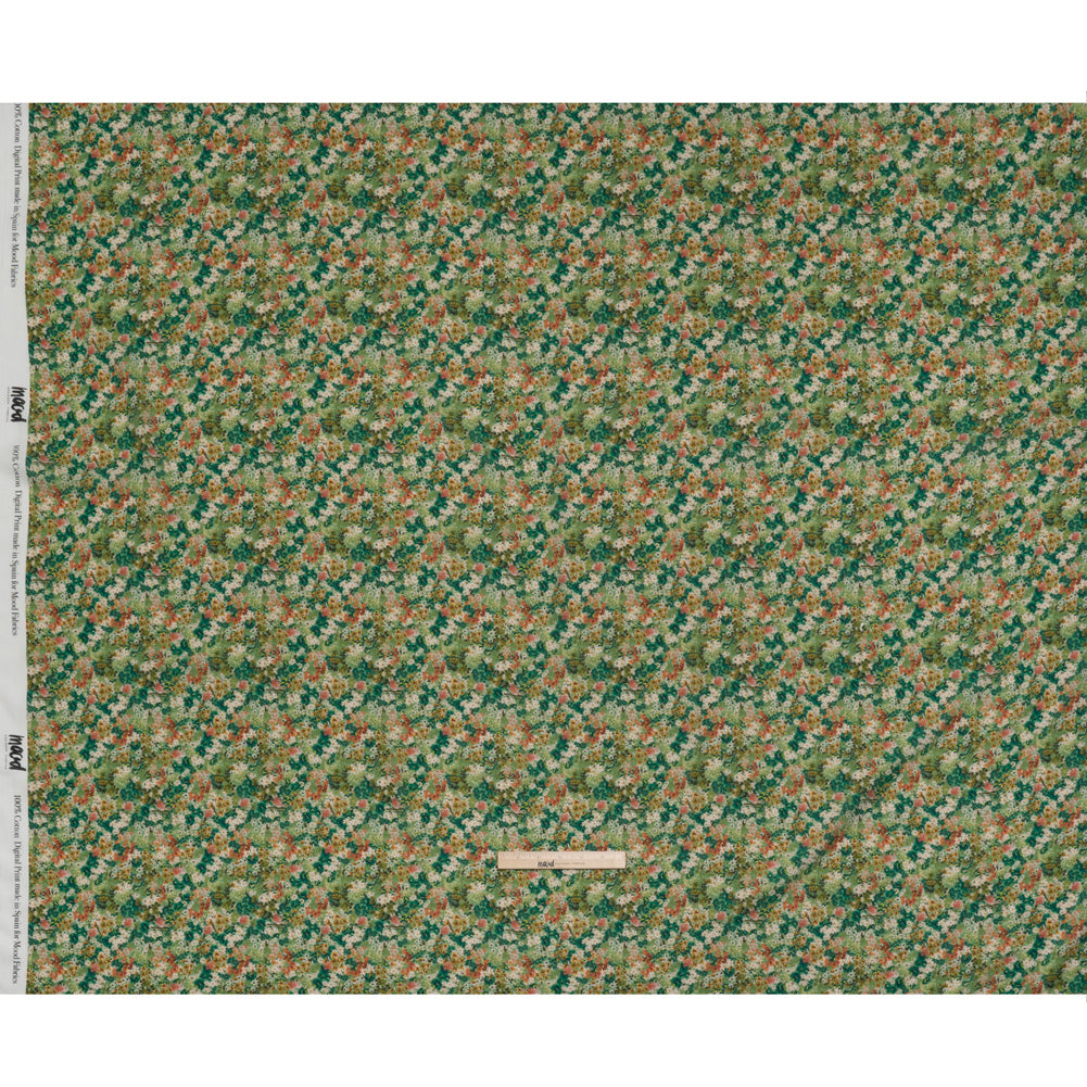 Cotton Crepe - Green, Orange and Cream Little Flowers - Mood Exclusive Greenhouse Garden Print