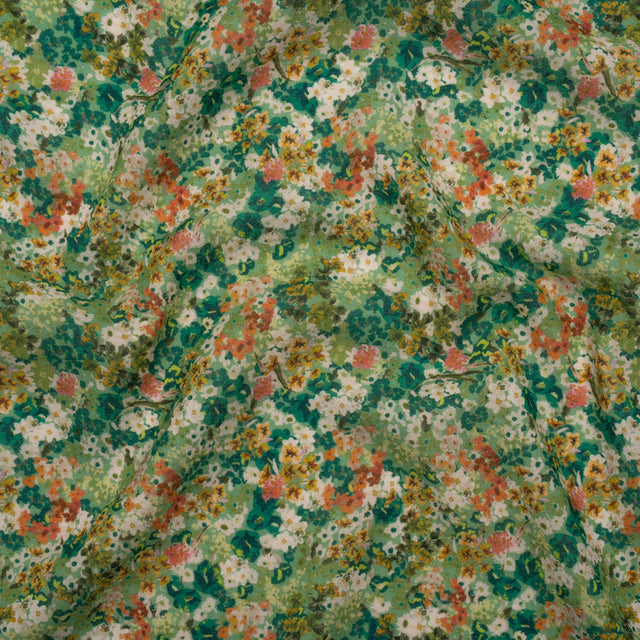 Cotton Crepe - Green, Orange and Cream Little Flowers - Mood Exclusive Greenhouse Garden Print