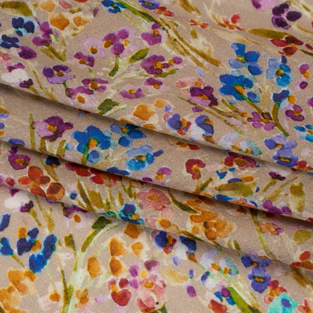 Cotton Crepe - Taupe and Rainbow Painted Flowers - Mood Exclusive Prismatic Petals Print - Folded