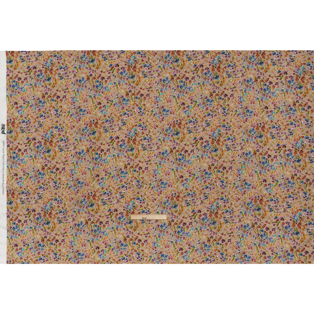 Cotton Crepe - Taupe and Rainbow Painted Flowers - Mood Exclusive Prismatic Petals Print - Full