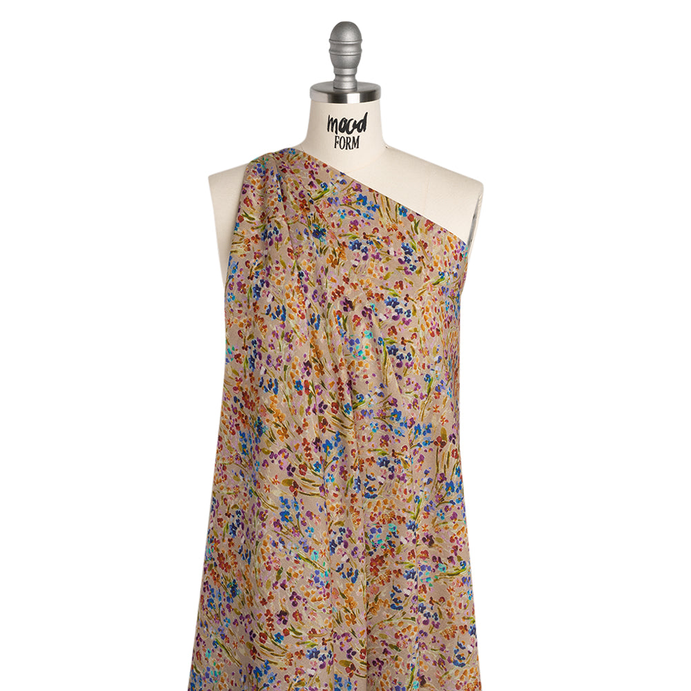Cotton Crepe - Taupe and Rainbow Painted Flowers - Mood Exclusive Prismatic Petals Print - Drape