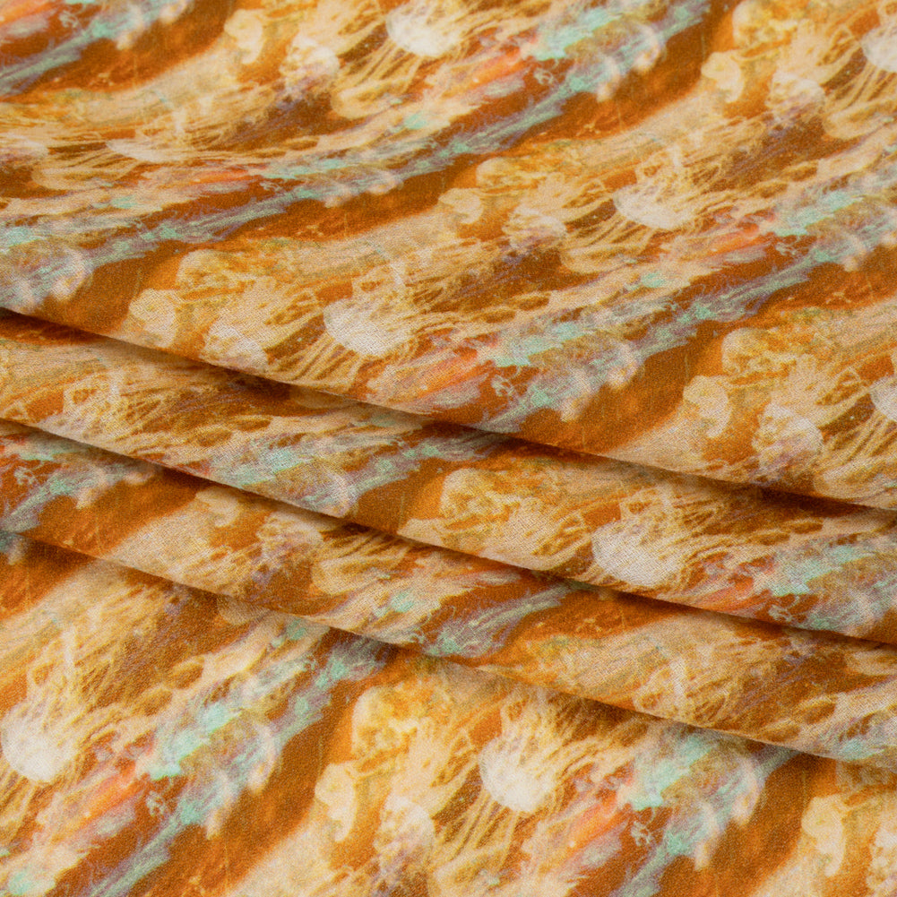 Cotton Crepe - Burnt Orange and Aqua Abstract Jellyfish Stripes - Mood Exclusive Tentacle Trails Print - Folded