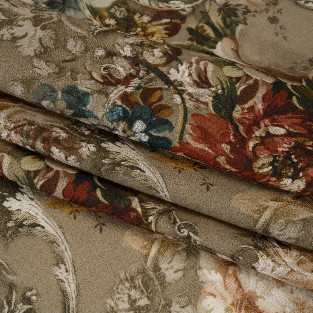 Cotton Crepe - Dusty Olive, Red and Teal Blue Vintage Floral - Mood Exclusive Baroque Blooms Print - Folded