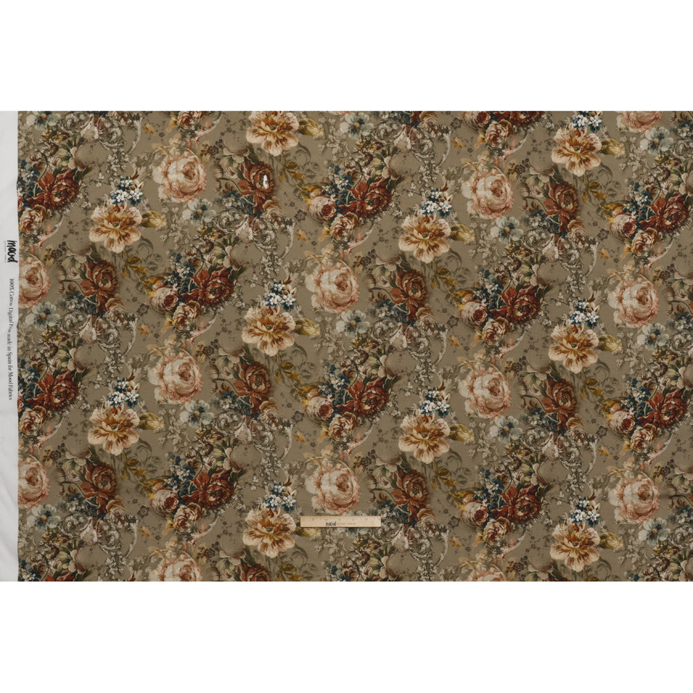 Cotton Crepe - Dusty Olive, Red and Teal Blue Vintage Floral - Mood Exclusive Baroque Blooms Print - Full