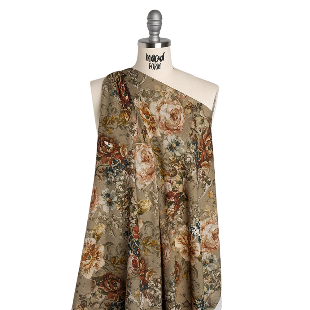 Cotton Crepe - Dusty Olive, Red and Teal Blue Vintage Floral - Mood Exclusive Baroque Blooms Print - Drape