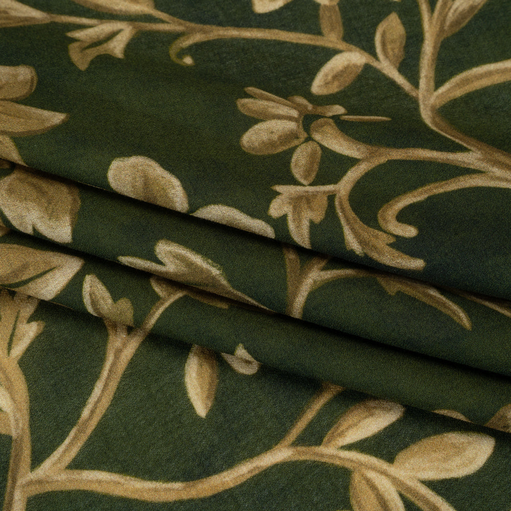Cotton Crepe - Forest Green and Muted Gold Ornate Floral Vines - Mood Exclusive Gilded Vines Print - Folded