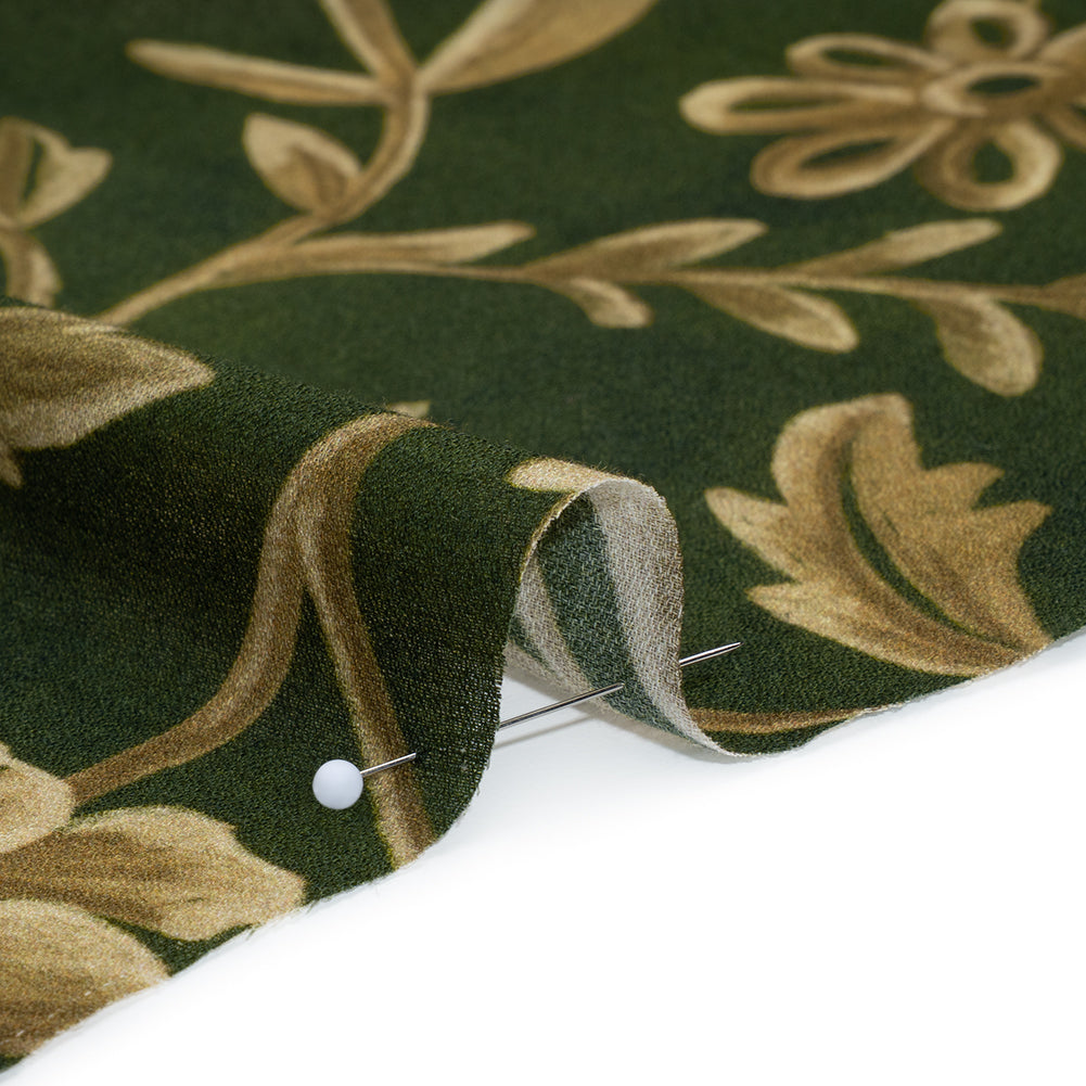 Cotton Crepe - Forest Green and Muted Gold Ornate Floral Vines - Mood Exclusive Gilded Vines Print - Detail