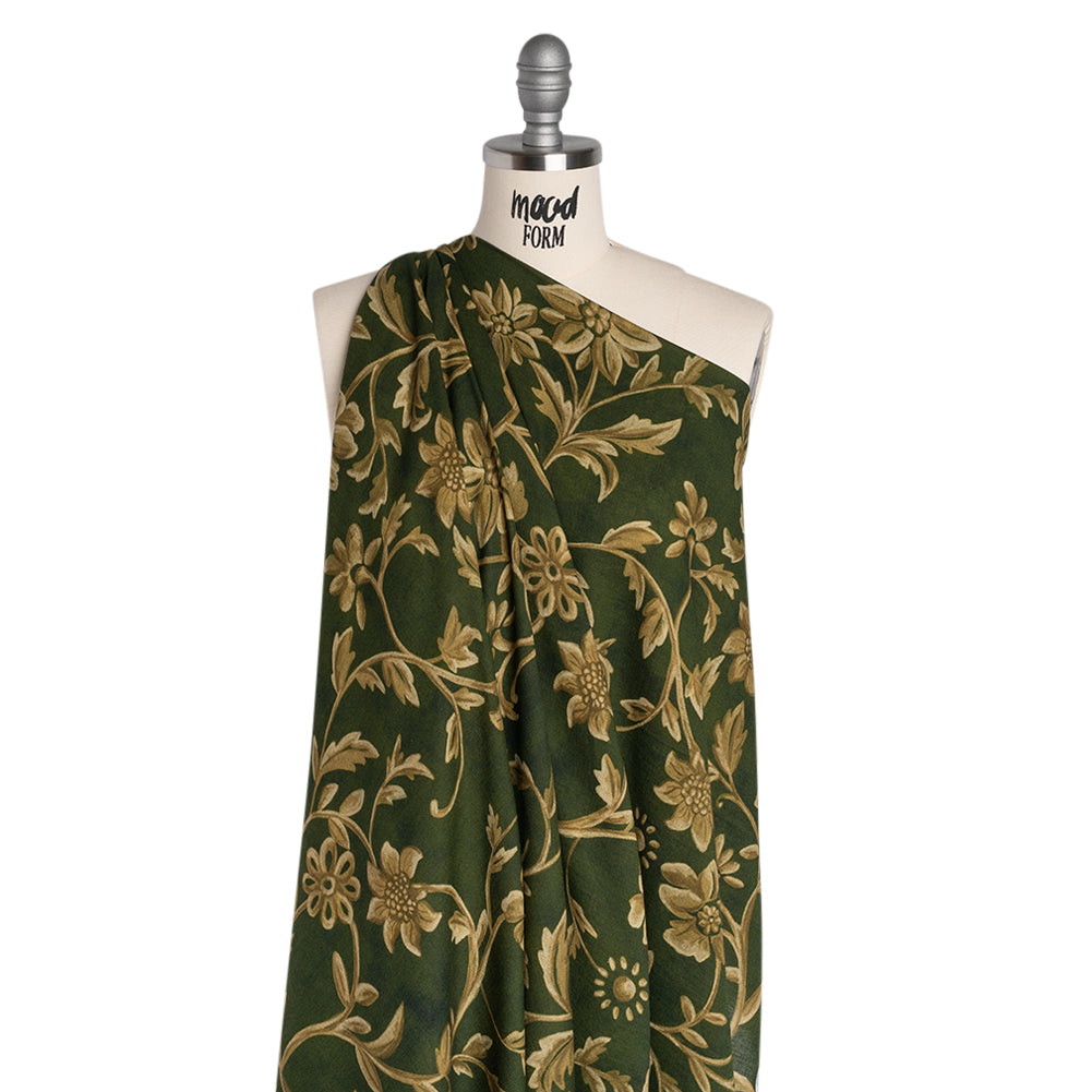 Cotton Crepe - Forest Green and Muted Gold Ornate Floral Vines - Mood Exclusive Gilded Vines Print - Drape
