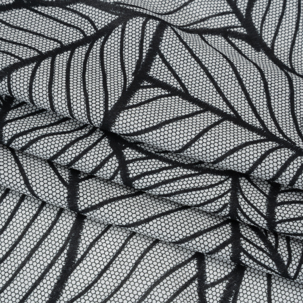 Cotton Crepe - Black and White Embroidered Net Leaves - Mood Exclusive Terrestrial Tesserae Print Detail