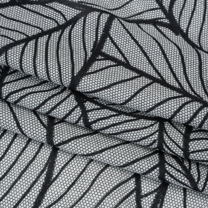 Cotton Crepe - Black and White Embroidered Net Leaves - Mood Exclusive Terrestrial Tesserae Print Detail