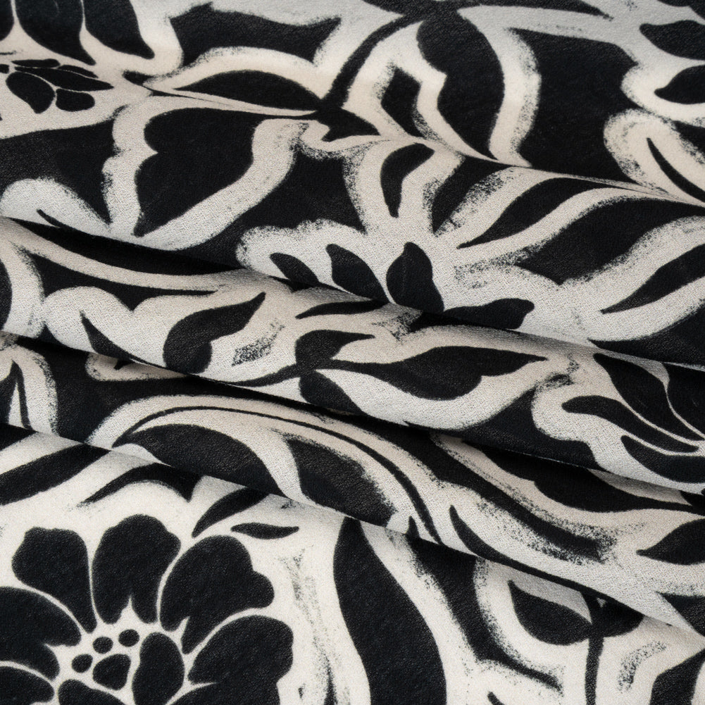 Cotton Crepe - Black and Cream Outlined Flowers - Mood Exclusive Pressed Petals Print