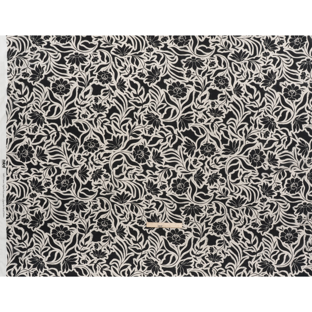 Cotton Crepe - Black and Cream Outlined Flowers - Mood Exclusive Pressed Petals Print