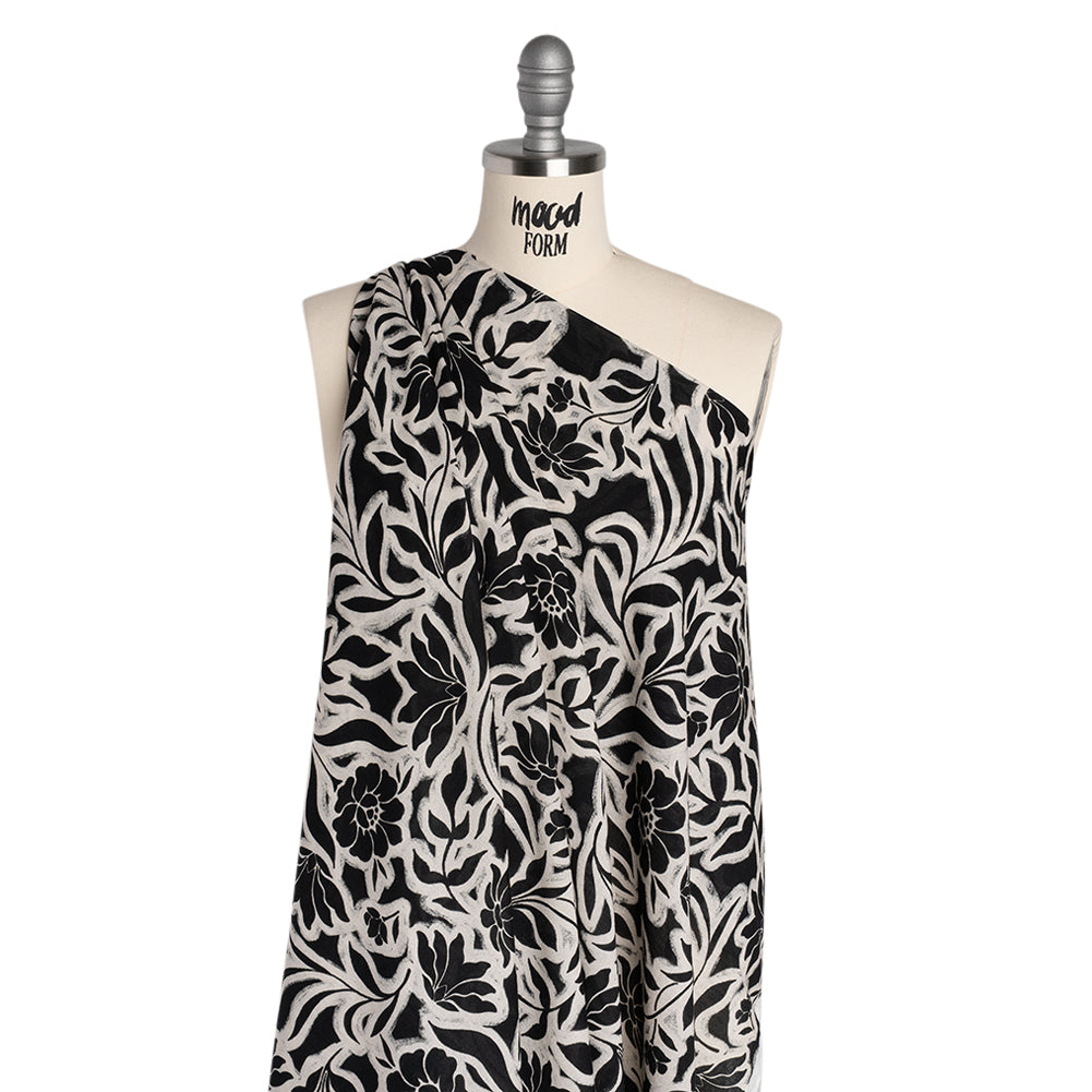 Cotton Crepe - Black and Cream Outlined Flowers - Mood Exclusive Pressed Petals Print