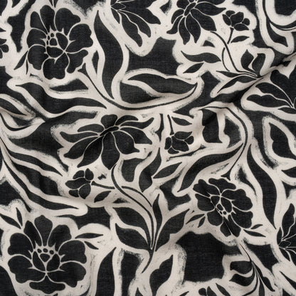 Cotton Crepe - Black and Cream Outlined Flowers - Mood Exclusive Pressed Petals Print
