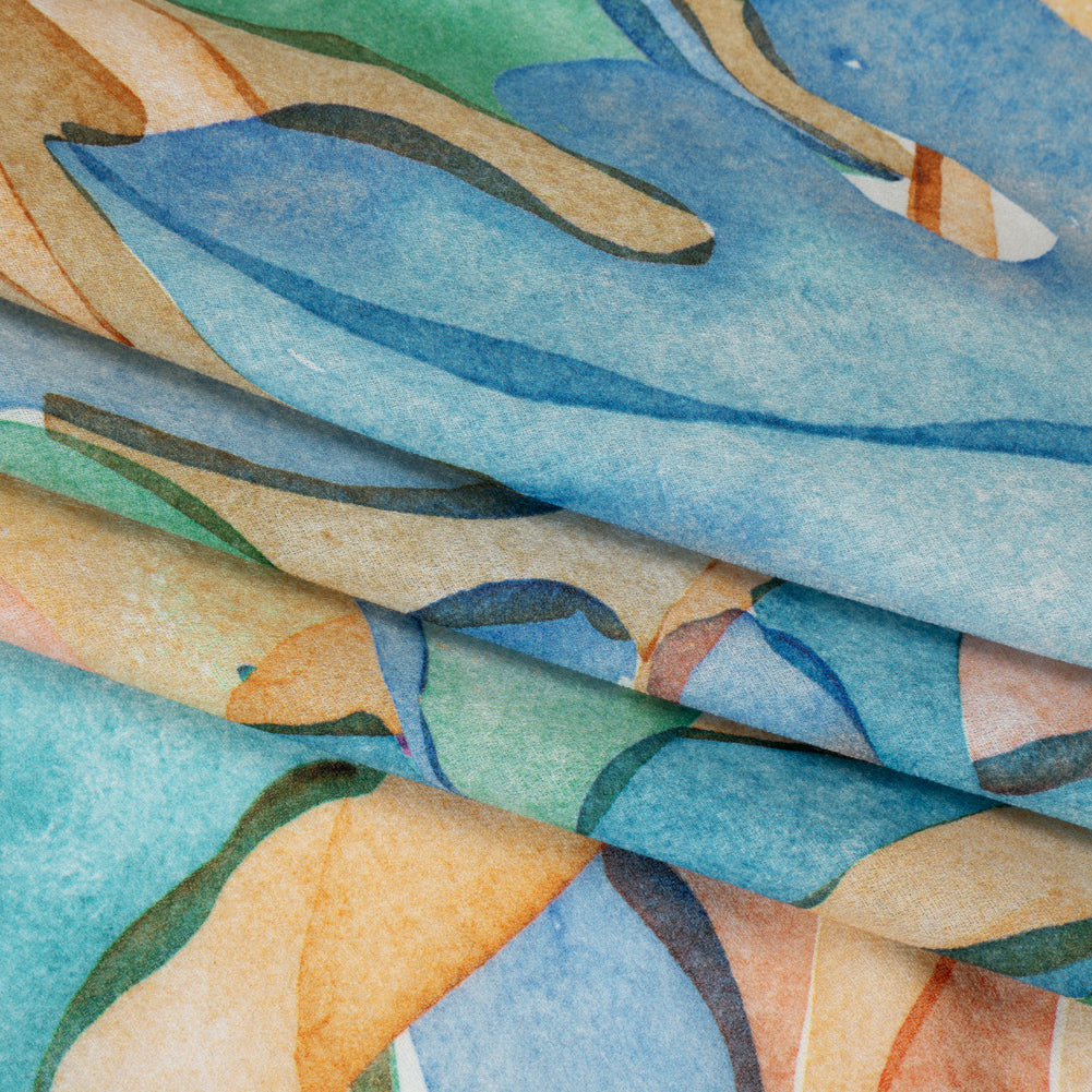 Cotton Crepe - Green, Blue and Orange Watercolor Leaves - Mood Exclusive Cascading Canopy Print