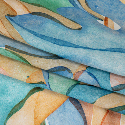 Cotton Crepe - Green, Blue and Orange Watercolor Leaves - Mood Exclusive Cascading Canopy Print
