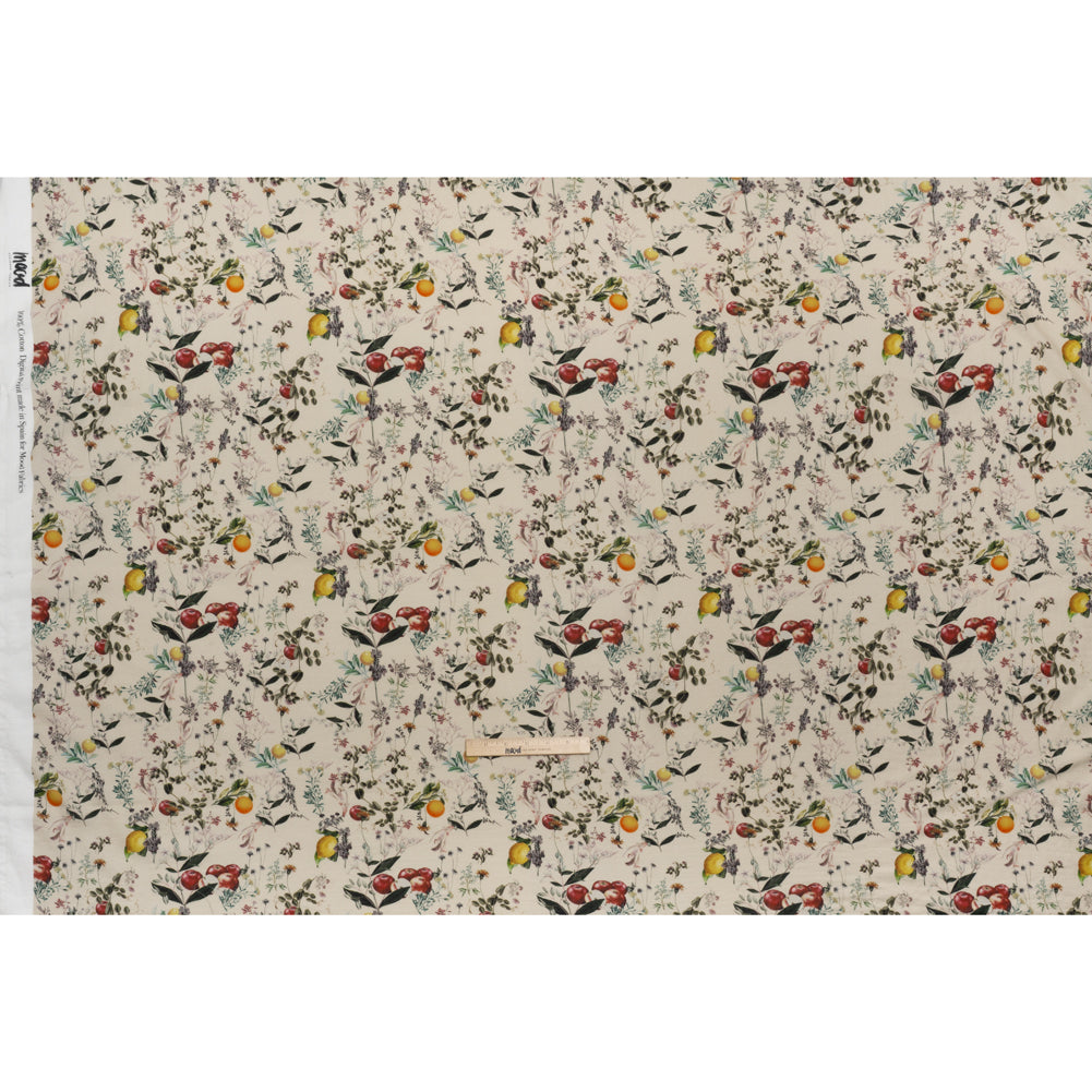 Cotton Crepe - Beige and Green Fruiting Branches and Flowers - Mood Exclusive Orchard's Edges Print