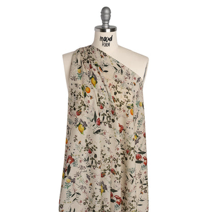 Cotton Crepe - Beige and Green Fruiting Branches and Flowers - Mood Exclusive Orchard's Edges Print