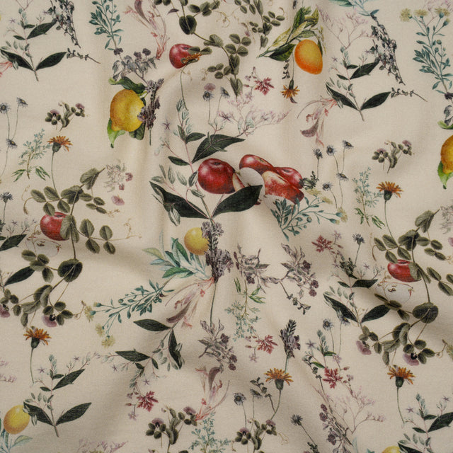 Cotton Crepe - Beige and Green Fruiting Branches and Flowers - Mood Exclusive Orchard's Edges Print