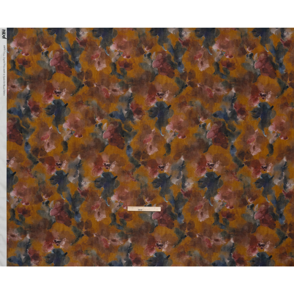 Cotton Crepe - Mustard Yellow, Burgundy and Dark Blue Abstract Watercolor - Mood Exclusive Flowing Horizons Print - Full