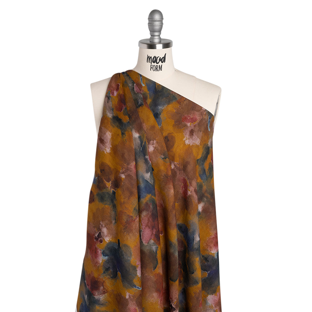 Cotton Crepe - Mustard Yellow, Burgundy and Dark Blue Abstract Watercolor - Mood Exclusive Flowing Horizons Print - Drape