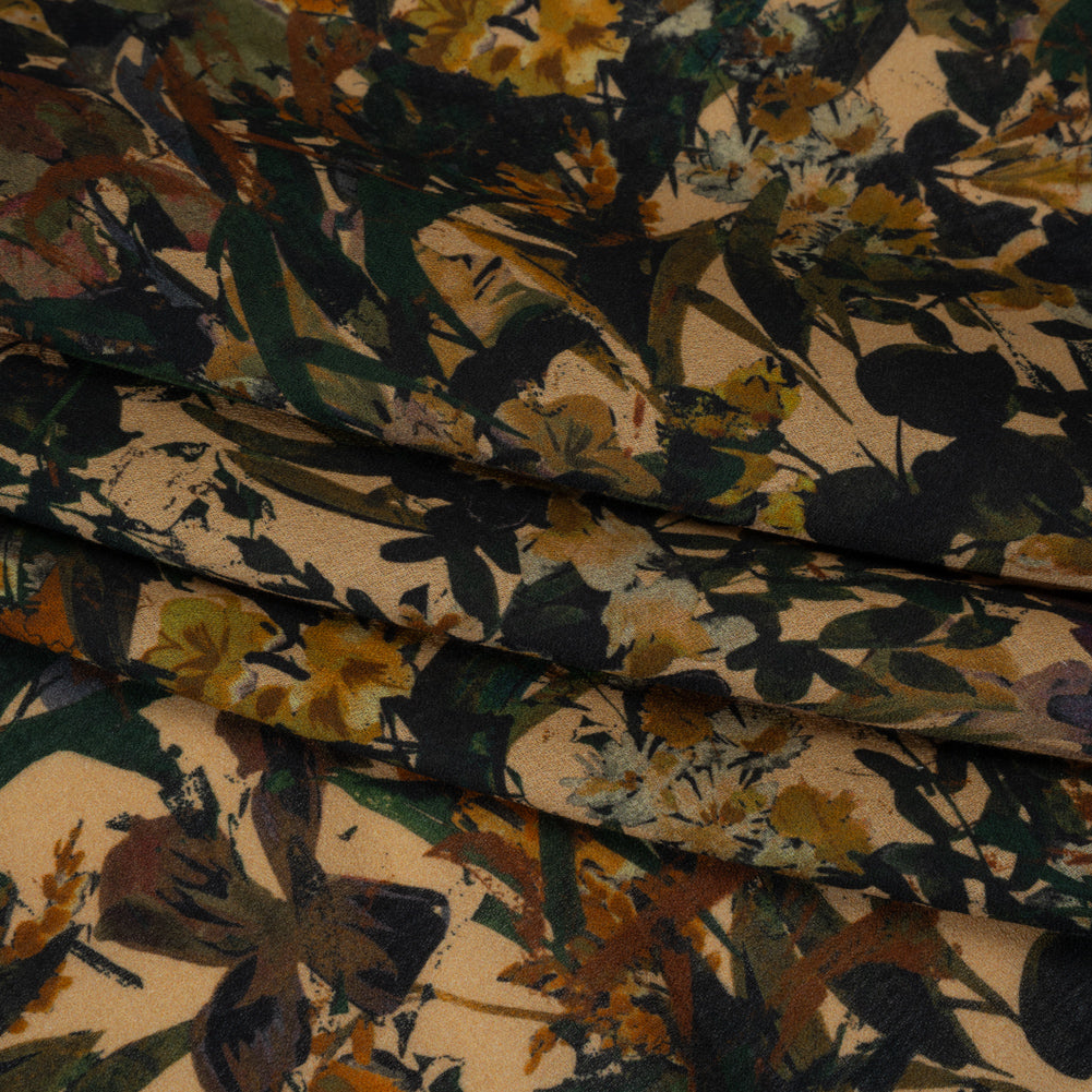 Cotton Crepe - Dark Green, Pale Golden Yellow and Red Brown Floral - Mood Exclusive Golden Grove Print - Folded